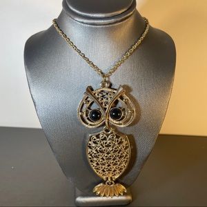 Gold Tone Owl Figurine Filigree 13.5” Necklace